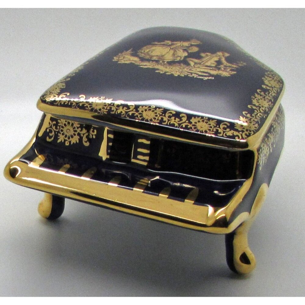 Limoges France Cobalt Blue  Piano Shape Trinket Box Courting Couple Fragonard